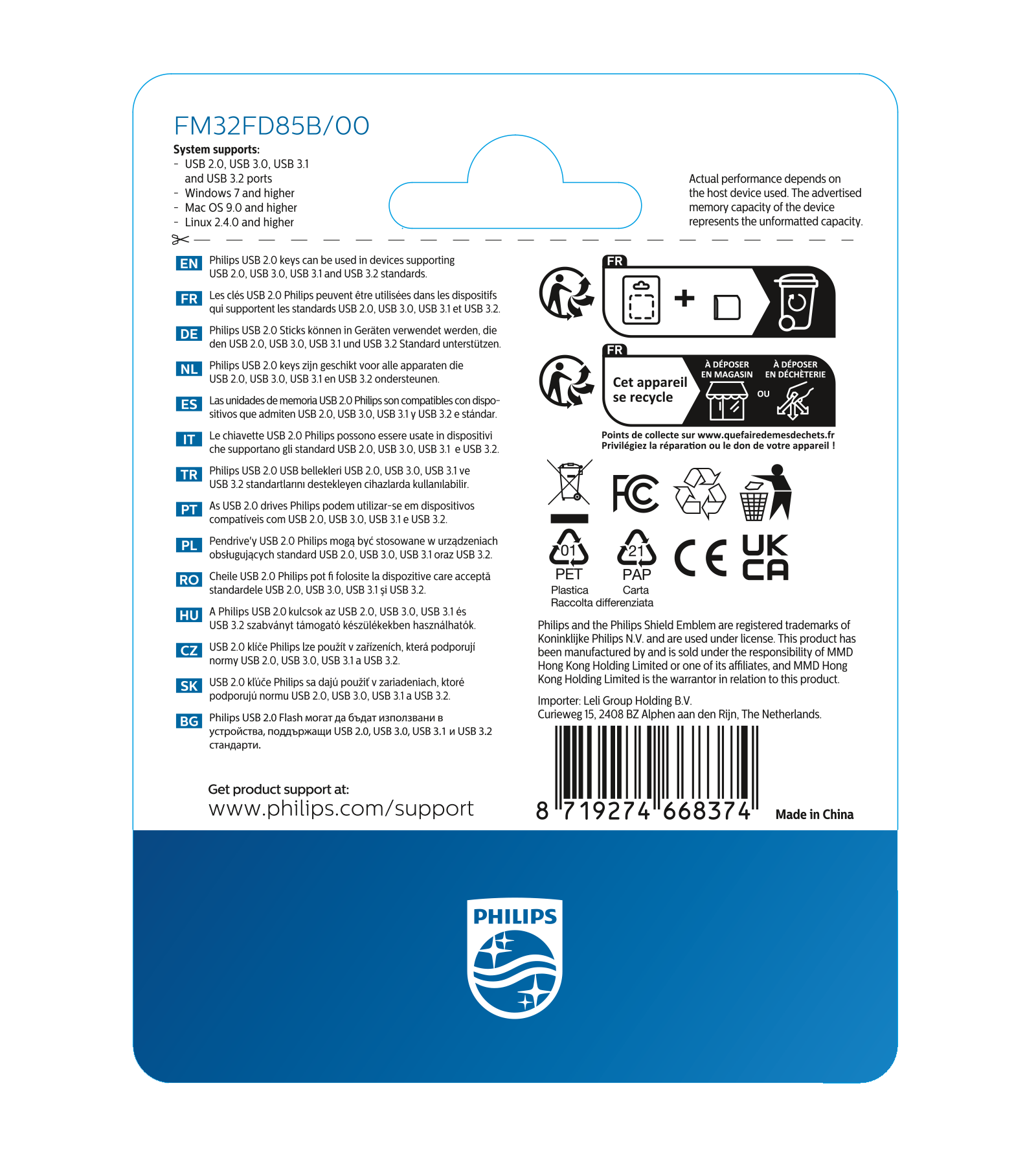 Achterkant van Philips USB-stick verpakking met specificaties, recyclingsymbolen en barcode.