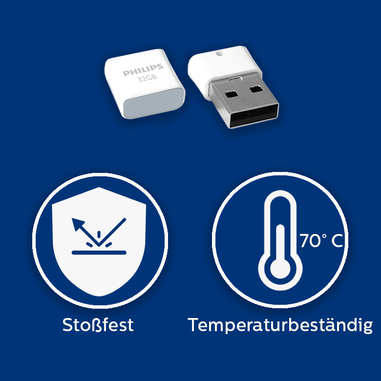 Philips 32GB USB-stick met schokbestendige en temperatuurbestendige iconen.