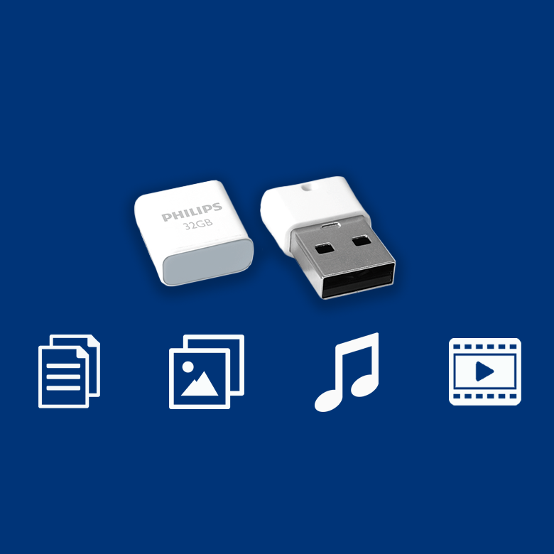 Twee witte Philips 32GB USB-sticks op een blauwe achtergrond met pictogrammen voor bestanden, afbeeldingen, muziek en video.