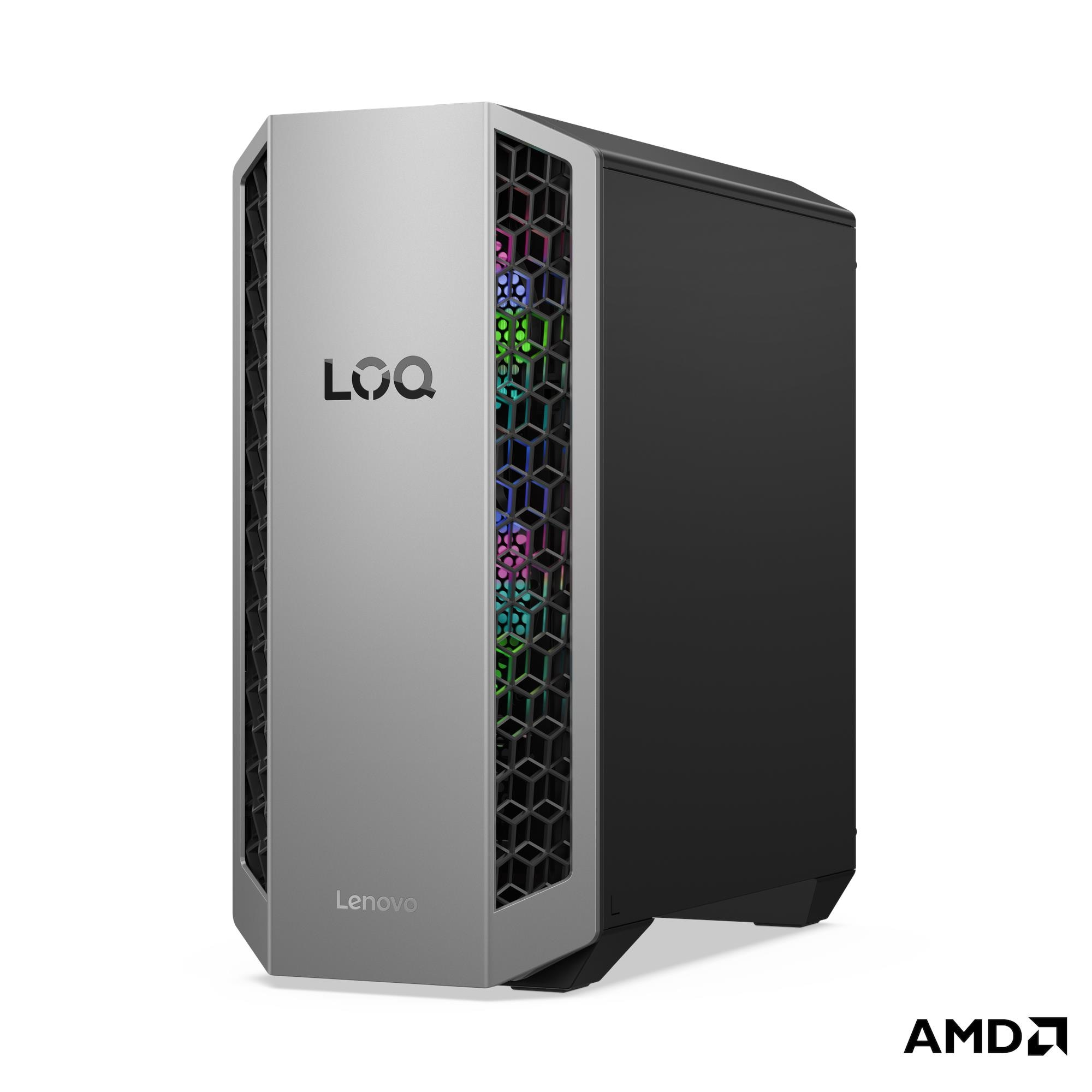 Desktop da gaming Lenovo LOQ in argento e nero con illuminazione RGB su sfondo bianco.