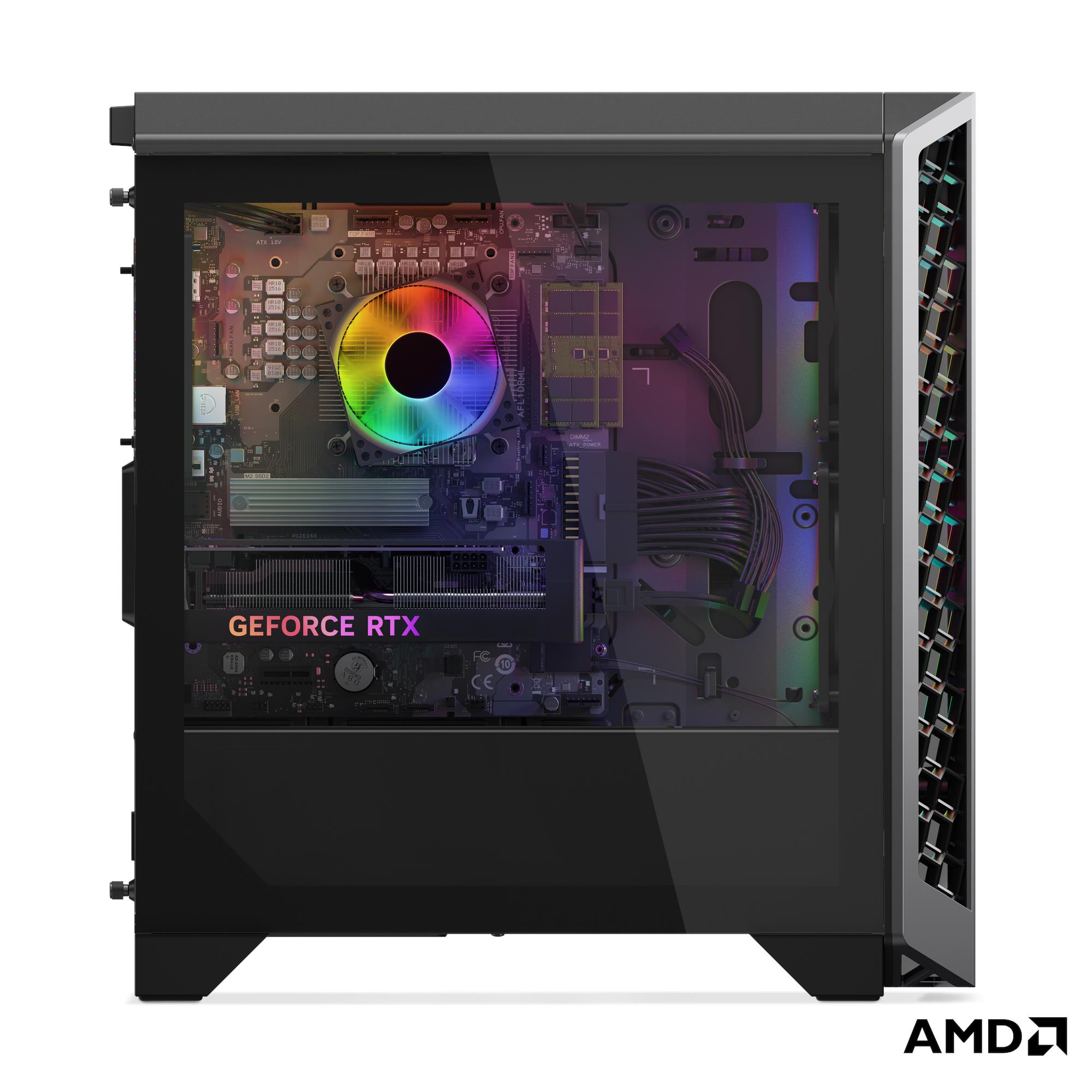 Case per computer nero con componenti interni, ventola CPU RGB colorata e scheda grafica GeForce RTX.
