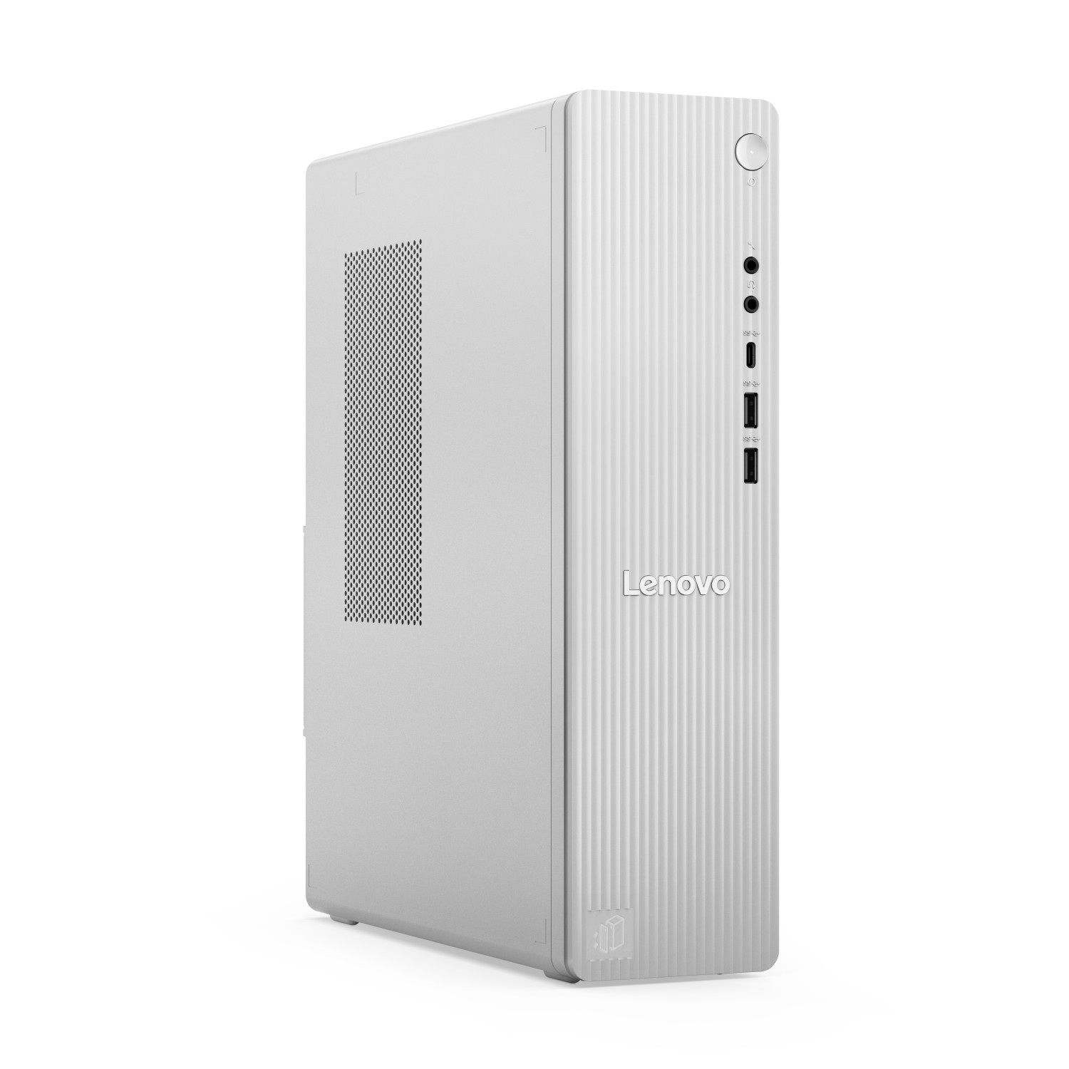 Un PC desktop Lenovo argento su sfondo bianco, con porte frontali e griglia di ventilazione laterale.