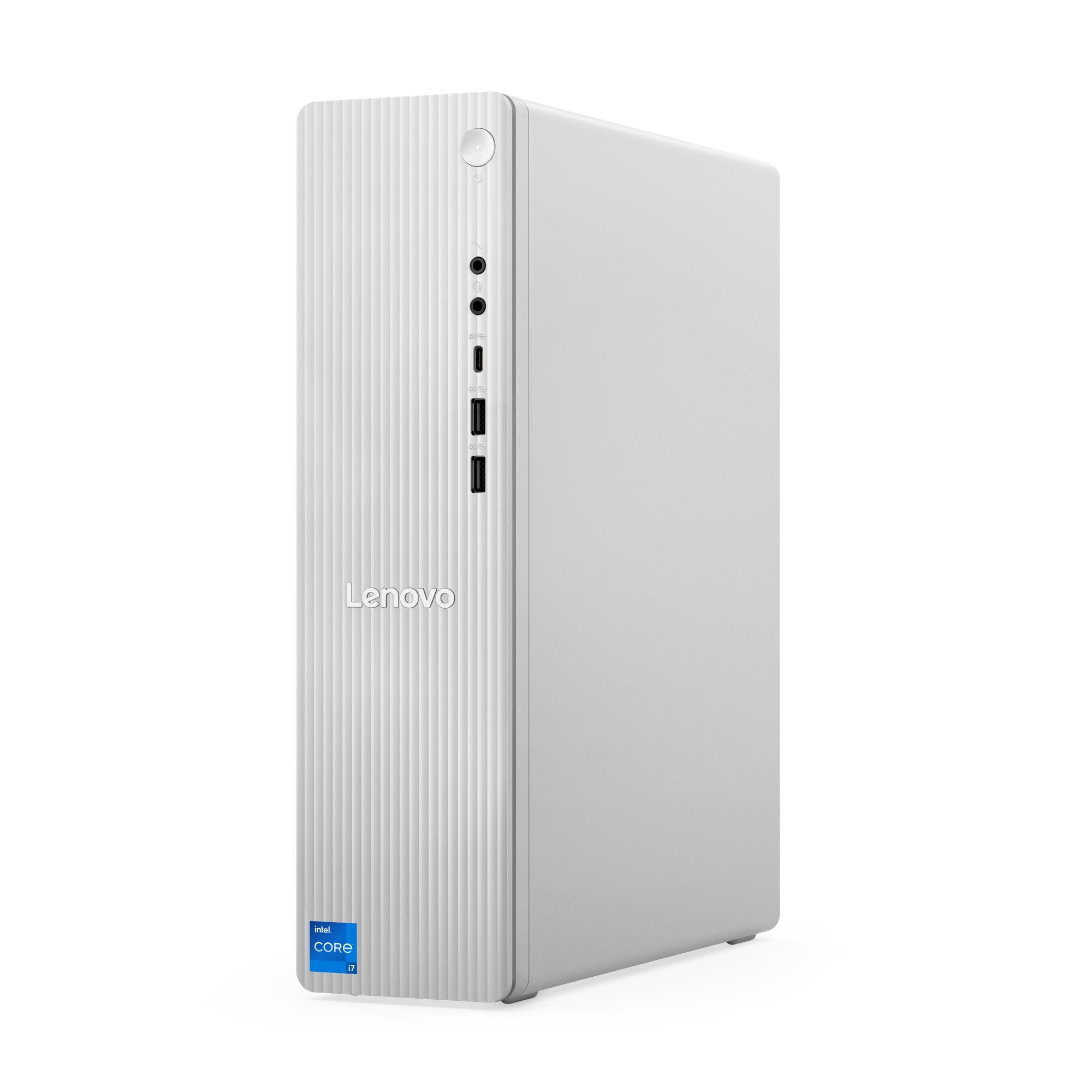 Un PC desktop Lenovo bianco con pannello frontale scanalato, porte e adesivo Intel Core i7 su sfondo bianco.