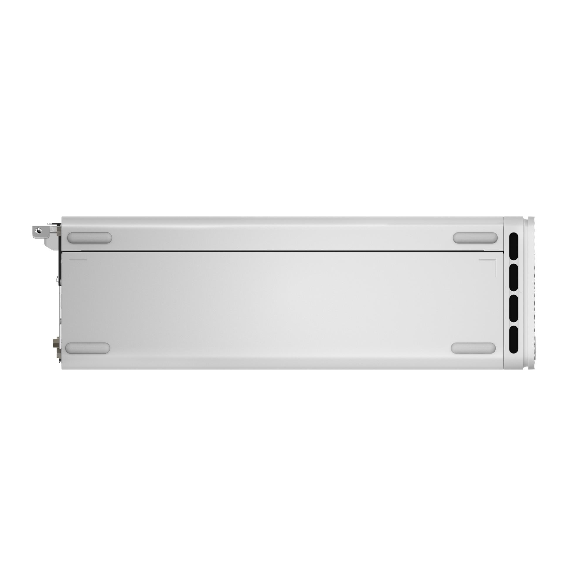 Un contenitore bianco e rettangolare per server o elettronica con angoli arrotondati,piedini in gomma e feritoie.