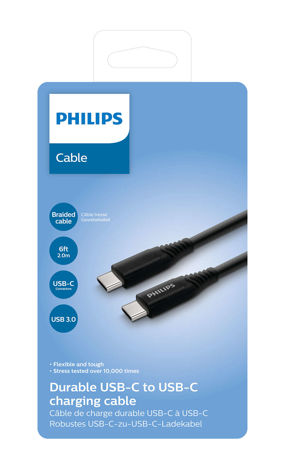 Mavi arka planda siyah Philips USB-C - USB-C şarj kablosu ambalajı.