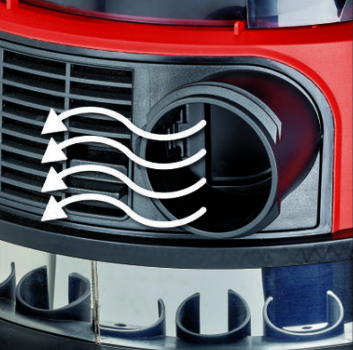 Dispositivo rojo y negro con flechas de flujo de aire y conector de manguera.