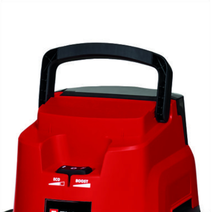 Cortacésped inalámbrico rojo y negro con asa de transporte negra y botón eco-boost.