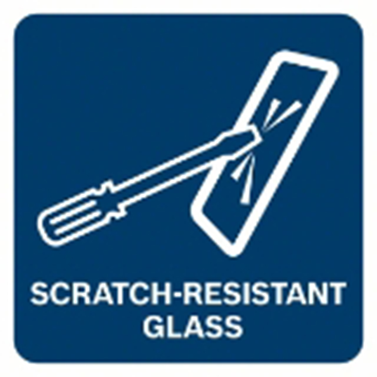 Beyaz tornavida ve cam grafiklerine sahip, SCRATCH-RESISTANT GLASS yazan mavi simge.