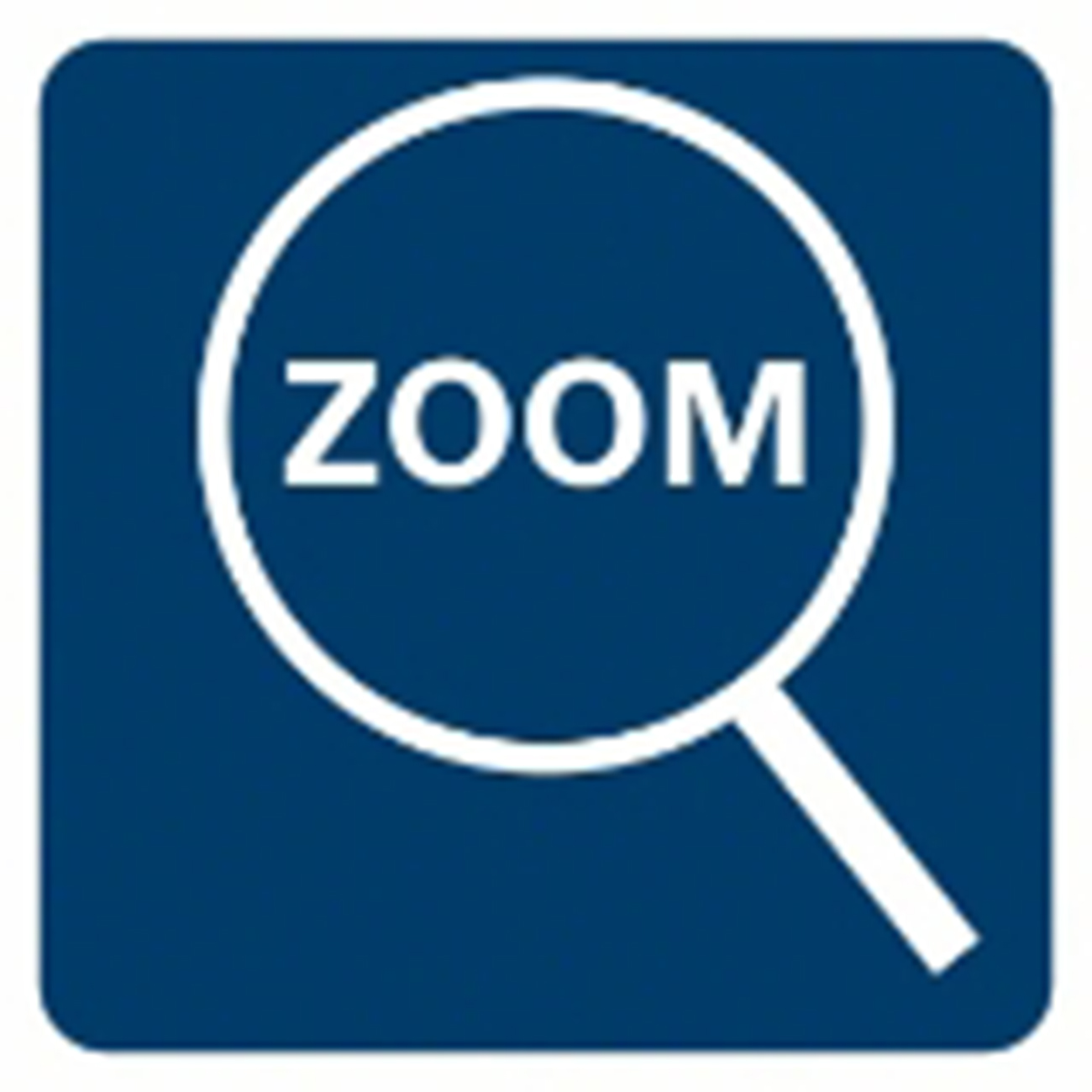 Mavi kare simgede ortasında ZOOM yazısı bulunan beyaz bir büyüteç var.