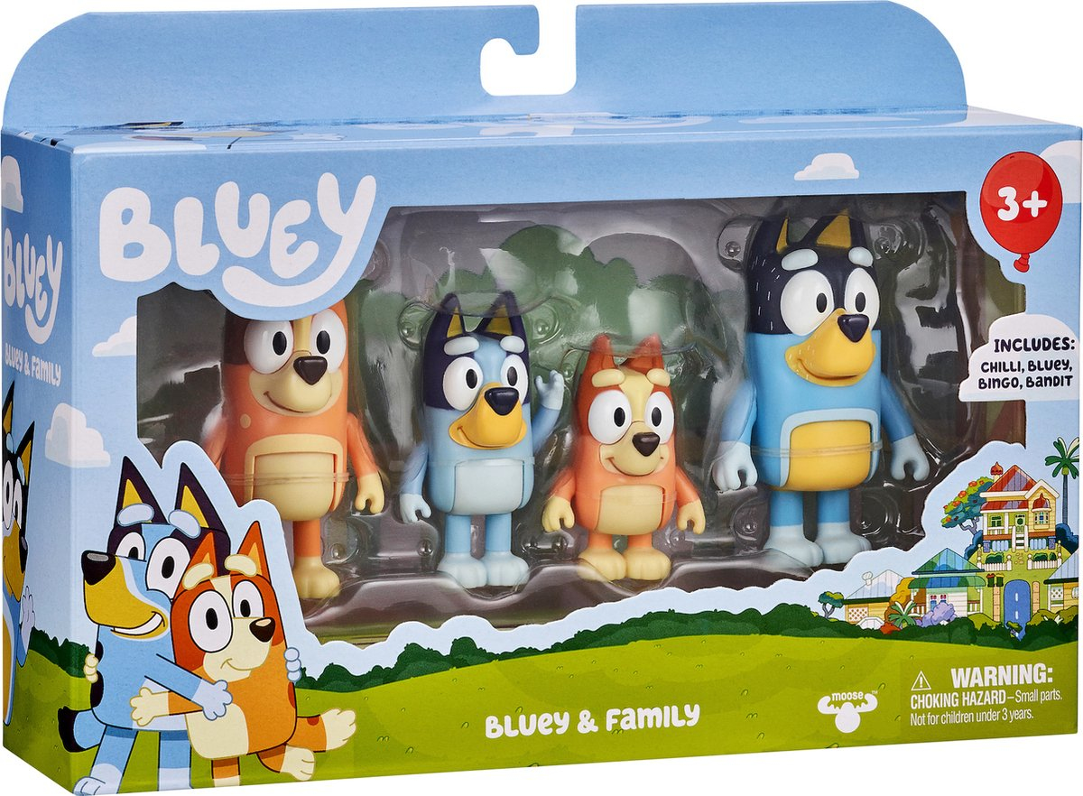 Embalaje de juguete de Bluey y su familia con cuatro figuras llamadas Chilli, Bluey, Bingo y Bandit.