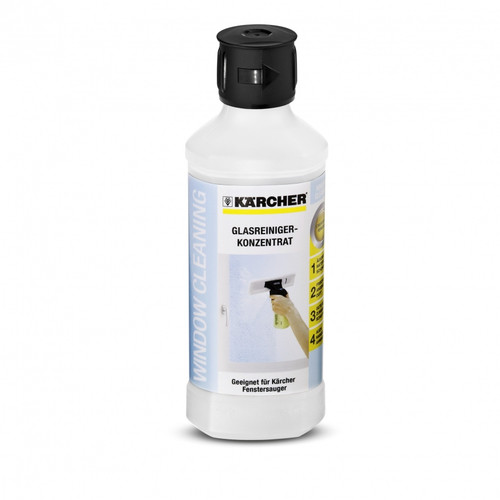 Una botella blanca de limpiador de vidrios Karcher con tapa negra sobre fondo blanco.