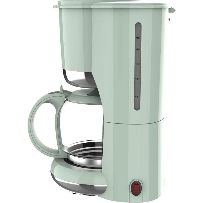 Eine mintgrüne Kaffeemaschine mit einer Glasurne und einer Wasserstandsanzeige vor weißem Hintergrund.