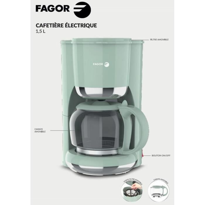 Grüne elektrische Fagor-Kaffeemaschine mit Glaskaraffe und Beschriftungen.
