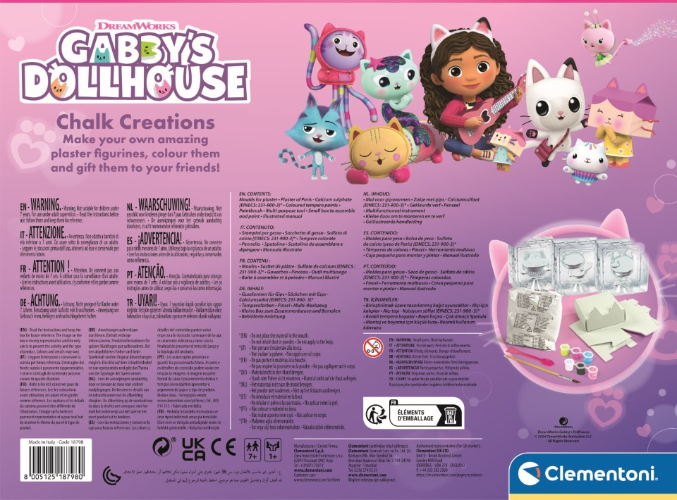 Empaque de Gabby's Dollhouse Chalk Creations con personajes, moldes de yeso, pinturas y texto.