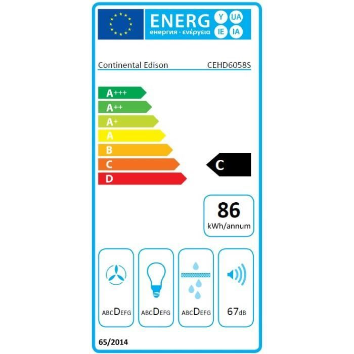 Etiqueta de eficiencia energética de Continental Edison CEHD6058S, clase C, 86 kWh anuales.