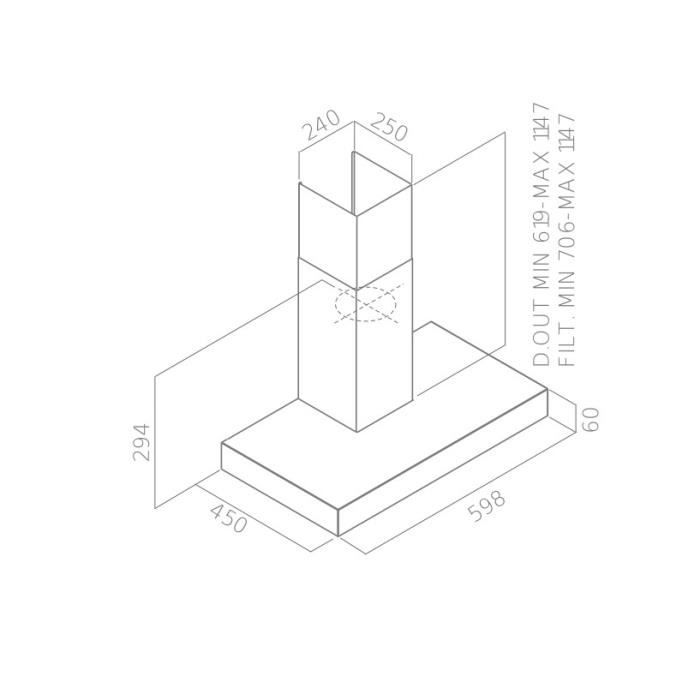 Dibujo técnico de una campana extractora con dimensiones en milímetros.