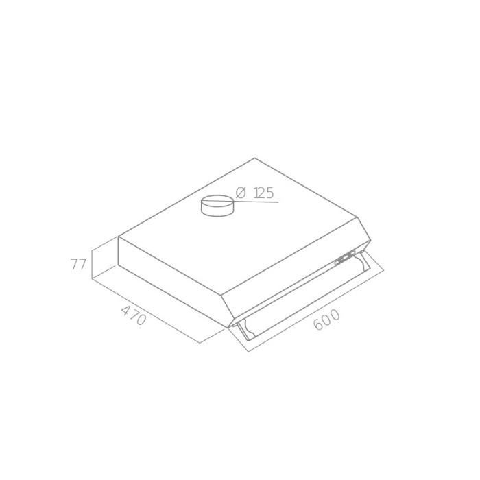 Dibujo técnico de una campana extractora con dimensiones de 600, 470 y 77 mm y un diámetro de 125 mm.
