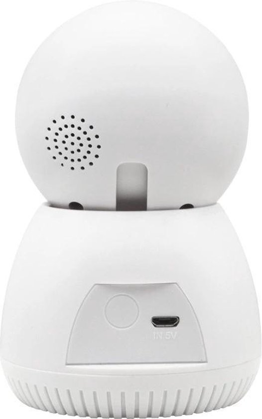 Vista trasera de una cámara de seguridad blanca con altavoz y puerto USB.