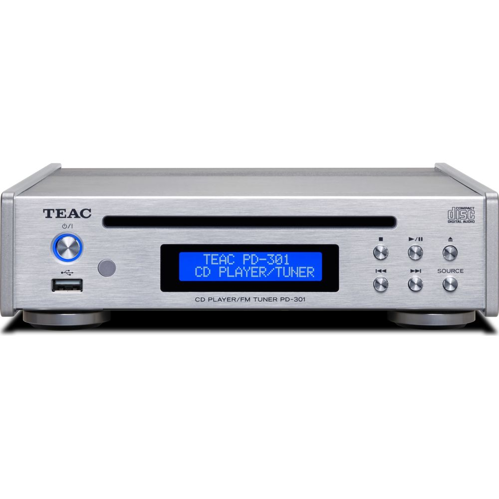 Lettore CD e sintonizzatore TEAC PD-301 argentato con schermo LCD blu e pulsanti di controllo.