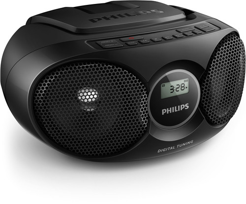 Czarne przenośne radio CD firmy Philips z cyfrowym strojeniem i wbudowanymi głośnikami.