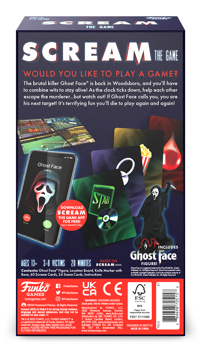 Il retro della scatola del gioco Scream mostra carte, un telefono e dettagli del gioco.