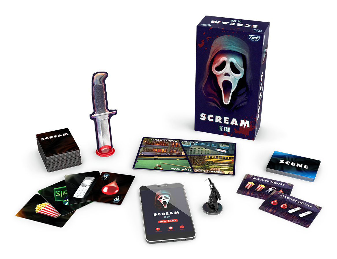 Componenti del gioco da tavolo Scream The Game con scatola, carte, segnalino coltello, app e tabellone su sfondo bianco.