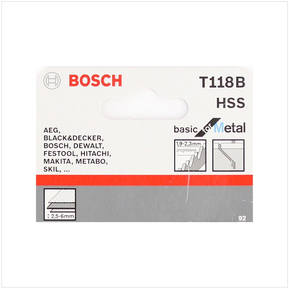 Bosch T118B HSS Stichsägeblatt Verpackung mit Markenlogos und Metall-Schnittsymbolen.