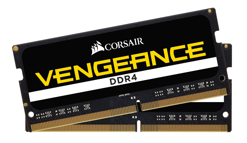 Zwei schwarze Corsair Vengeance DDR4 RAM-Speichermodule auf weißem Hintergrund gestapelt.