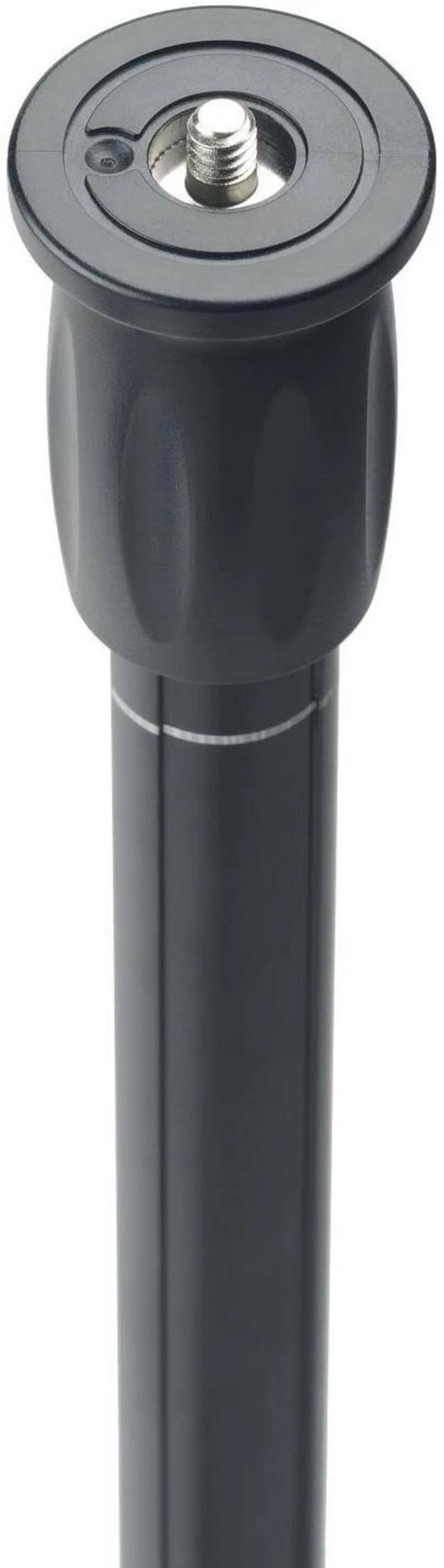 Ein schwarzes Monopod-Stangenende mit einer silbernen Schraubhalterung vor weißem Hintergrund.