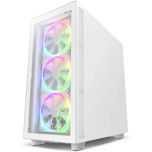 Ein weißes PC-Gehäuse mit Glasfront und drei bunten RGB-Lüftern.