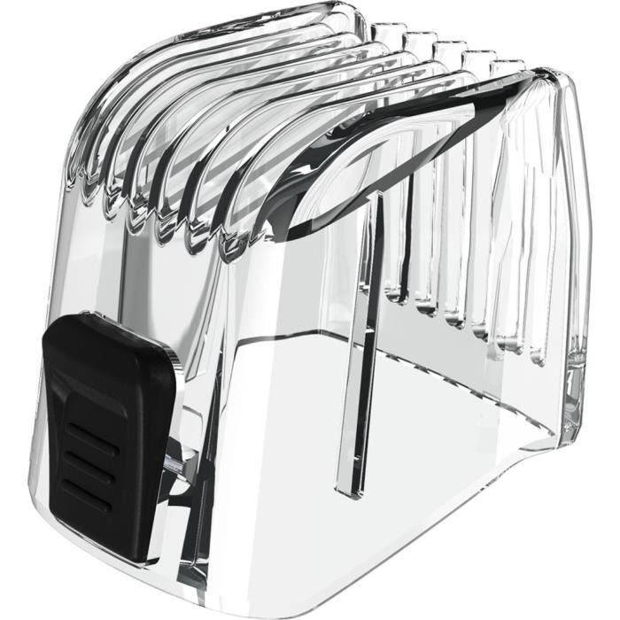 Un sabot de tondeuse à cheveux réglable en plastique transparent avec un bouton de réglage noir sur le côté.