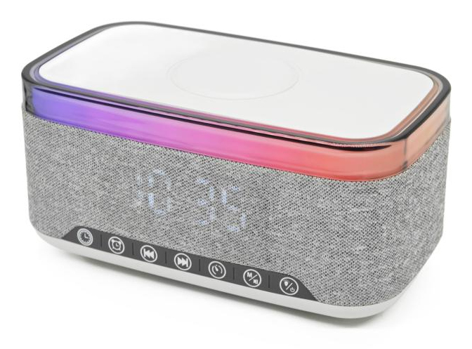 Ein grauer Stoff-Bluetooth-Lautsprecher mit digitaler Uhrzeit und einer bunten RGB-Leiste.