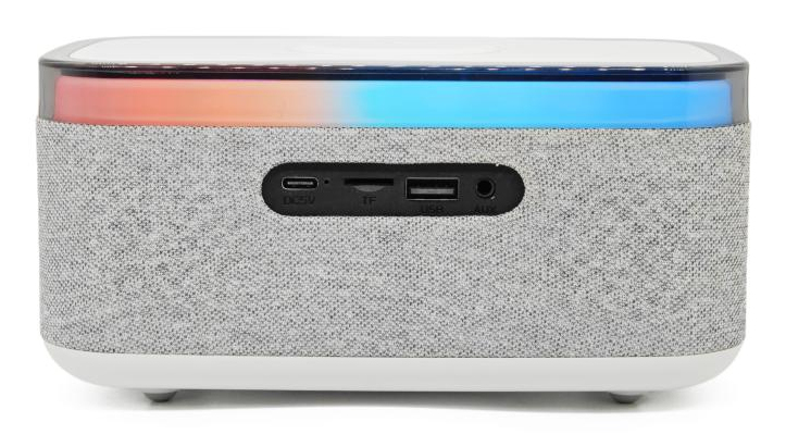 Grauer Bluetooth-Lautsprecher mit Stoffbezug und einer bunten LED-Leiste vorne.
