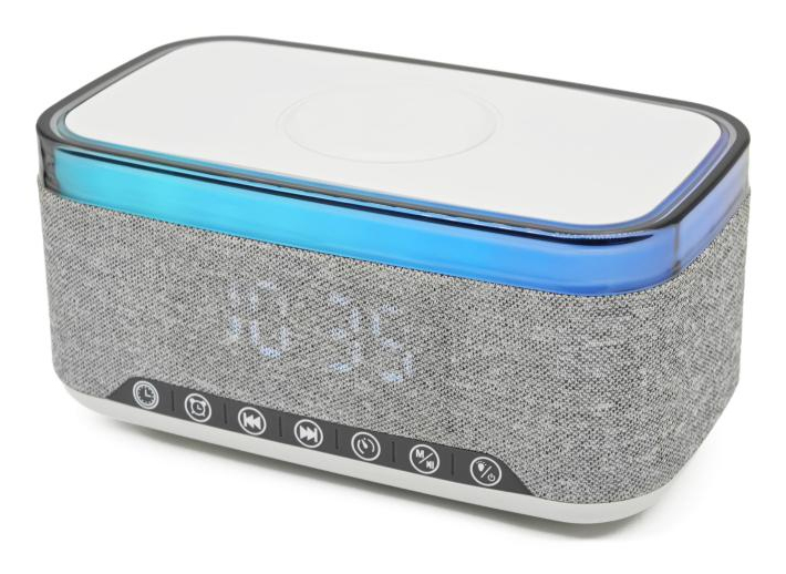 Grauer, rechteckiger Digitalwecker mit blauer LED-Leiste und Tasten an der Unterseite.