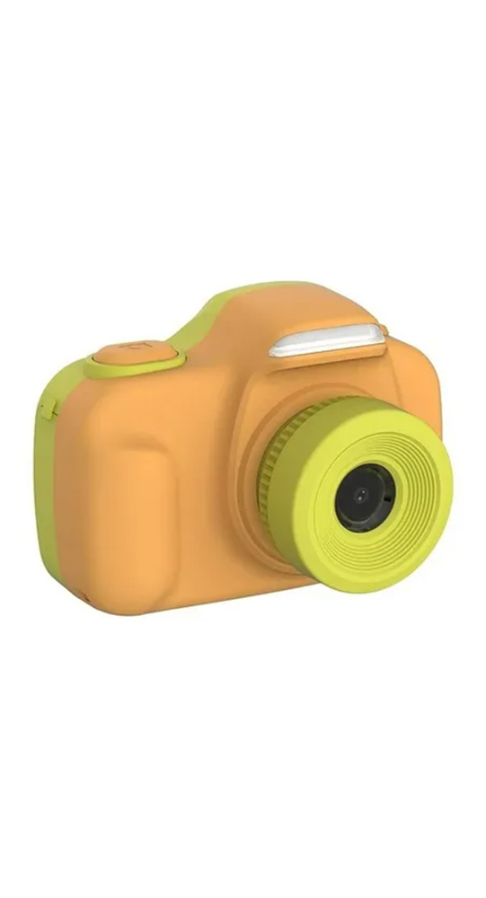 Eine orangene und gelbe Kinderkamera auf weißem Hintergrund.