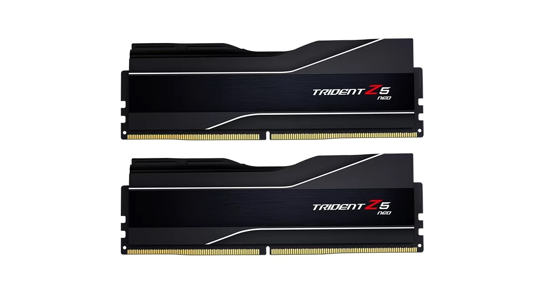 Dwa czarne moduły RAM Trident Z5 Neo z białymi akcentami i złotymi złączami.