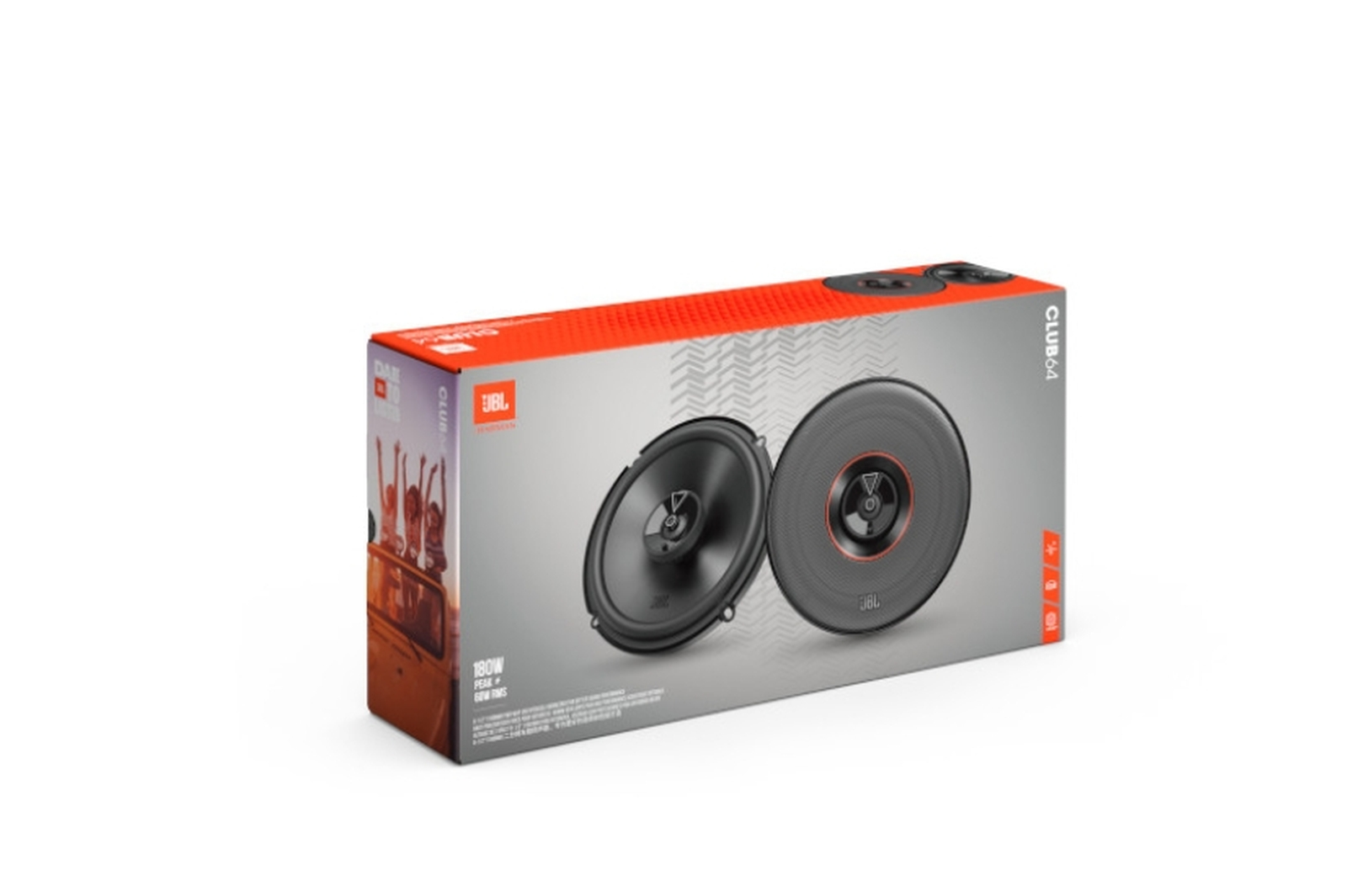 Une boîte de haut-parleurs de voiture JBL Club 64 orange et grise sur fond blanc.