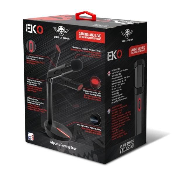 Scatola nera e rossa per microfono da gaming eSports, con specifiche e immagini.