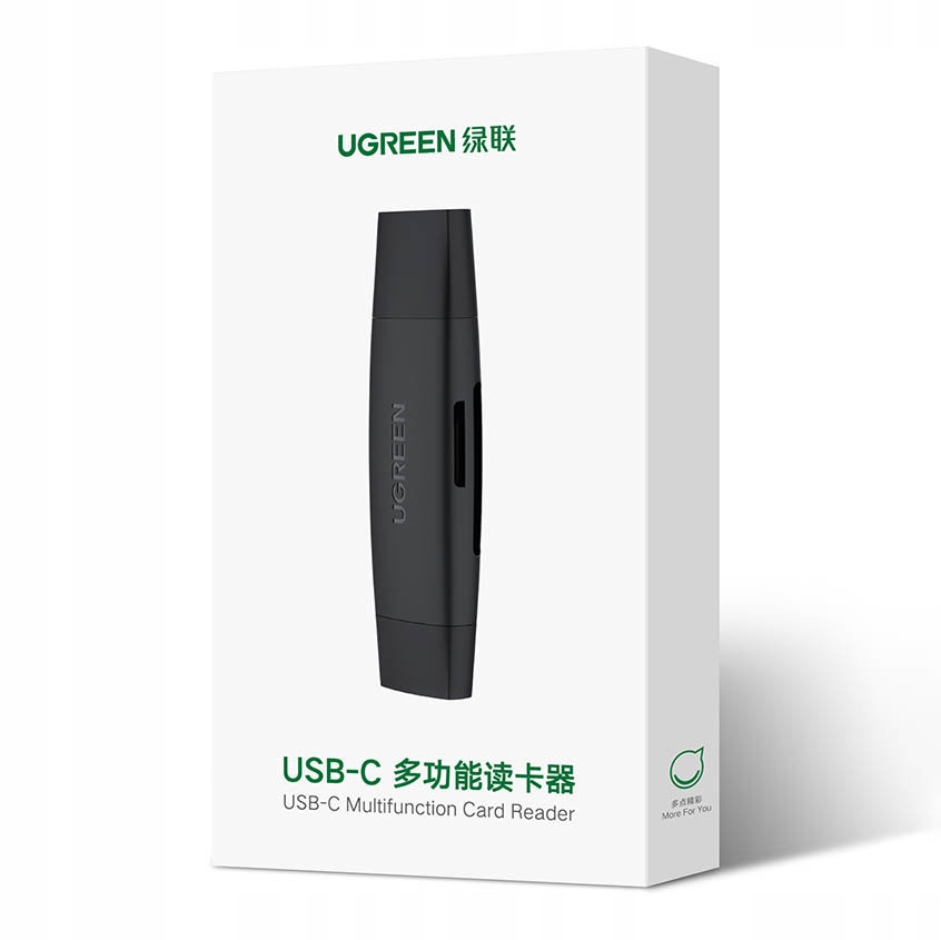 Białe pudełko produktu dla wielofunkcyjnego czytnika kart USB-C UGREEN.