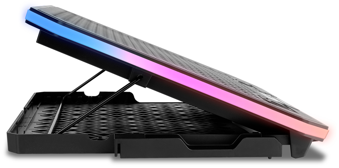 Soporte negro para portátil con ángulo ajustable e iluminación LED azul y rosa.
