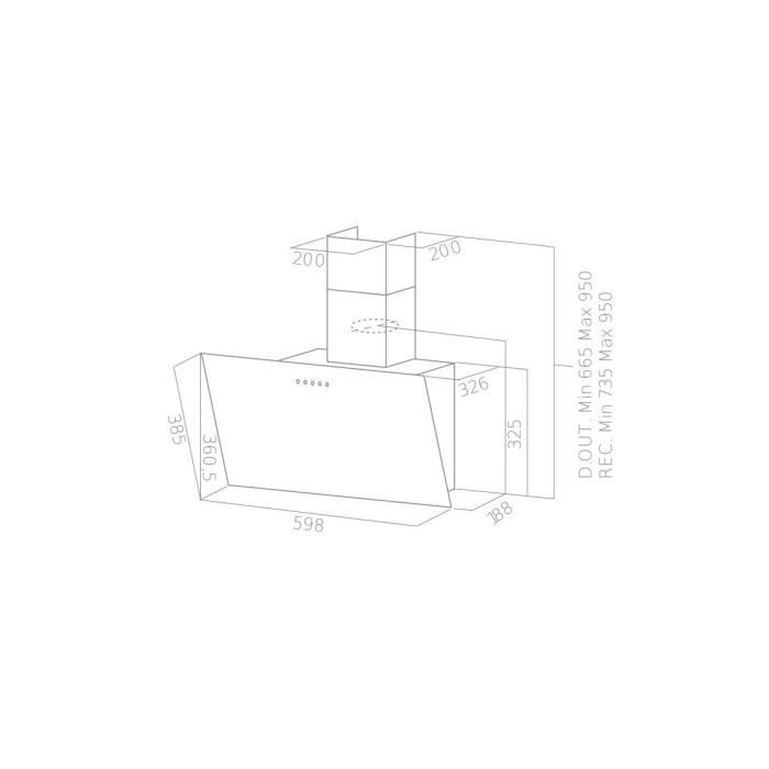 Dibujo técnico de una campana extractora con medidas dimensionales sobre fondo claro.