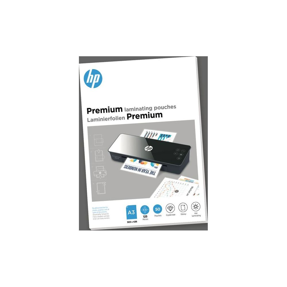 Opakowanie produktu HP na folie do laminowania A3 premium, czarno-biały design z logo HP i grafiką.