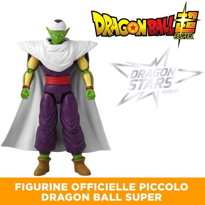 Figura de acción de Piccolo de Dragon Ball Super con capa blanca, pantalones morados y brazaletes amarillos.