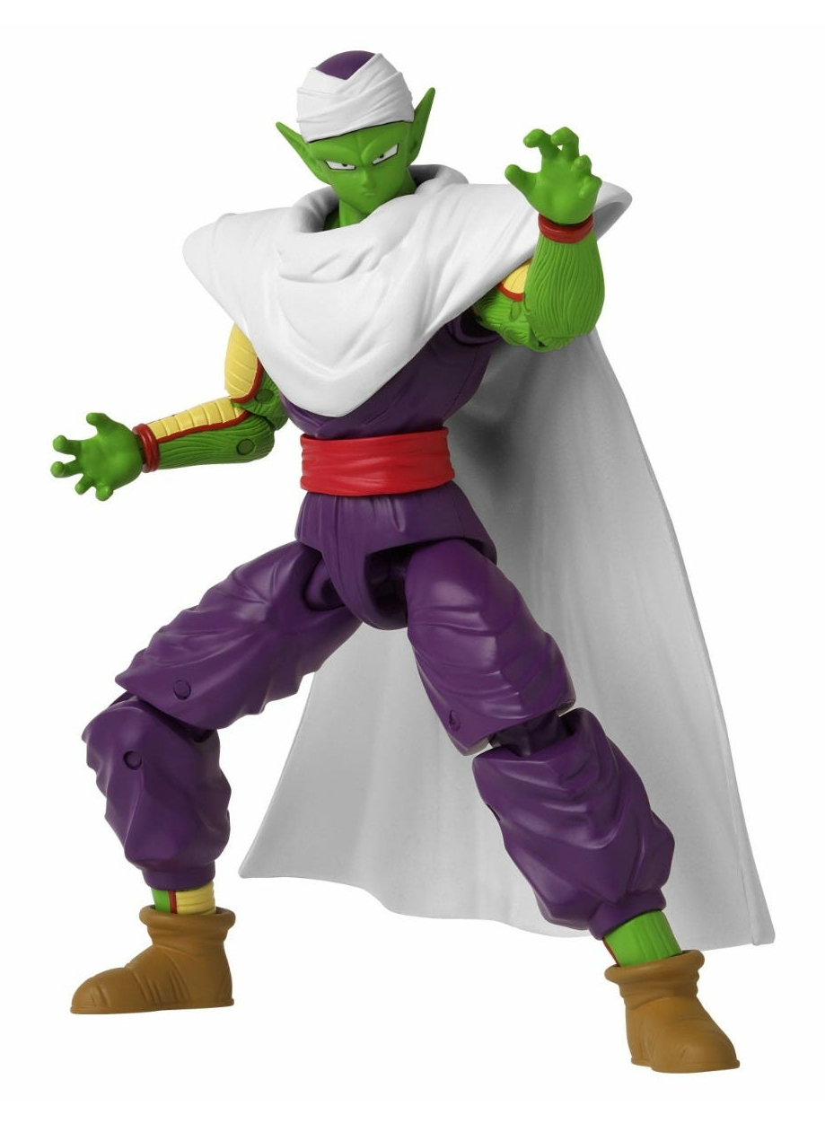 Figura de acción verde con capa blanca, traje morado y detalles rojos en postura de combate.