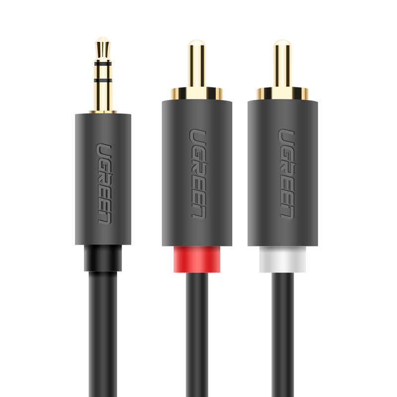 Trzy czarne kable audio ze złotymi złączami: jack 3,5 mm i dwie wtyczki RCA w kolorze czerwonym i białym.