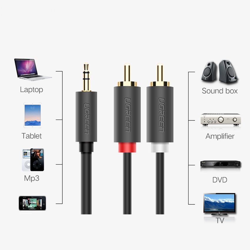 Kabel audio jack 3,5 mm na 2 RCA prezentuje kompatybilne urządzenia, takie jak laptopy i wzmacniacze.