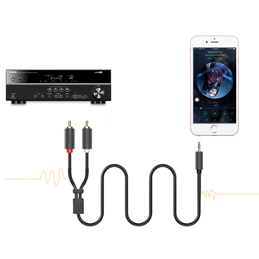 Kabel audio łączy wzmacniacz ze smartfonem w celu odtwarzania muzyki.