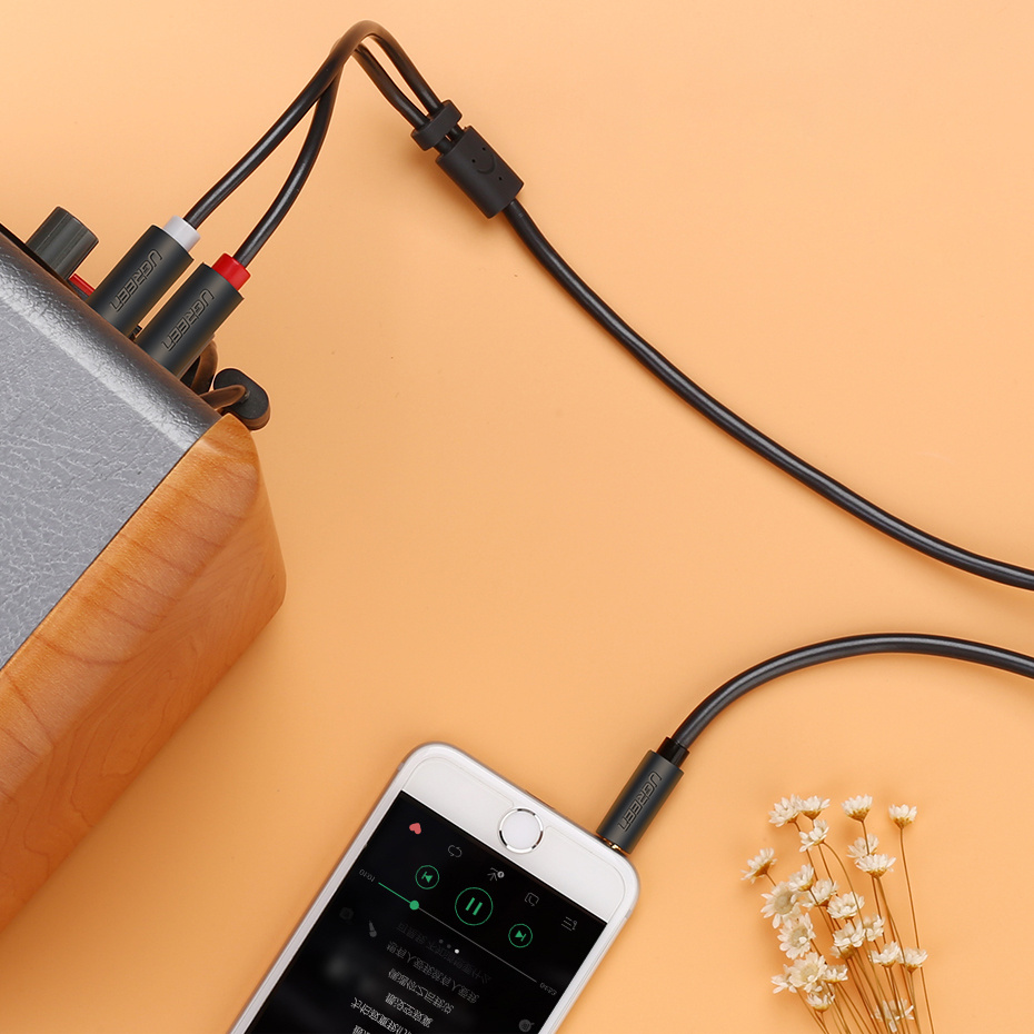 Smartfon jest połączony kablem audio z drewnianym urządzeniem, na pomarańczowym tle z małymi kwiatami.