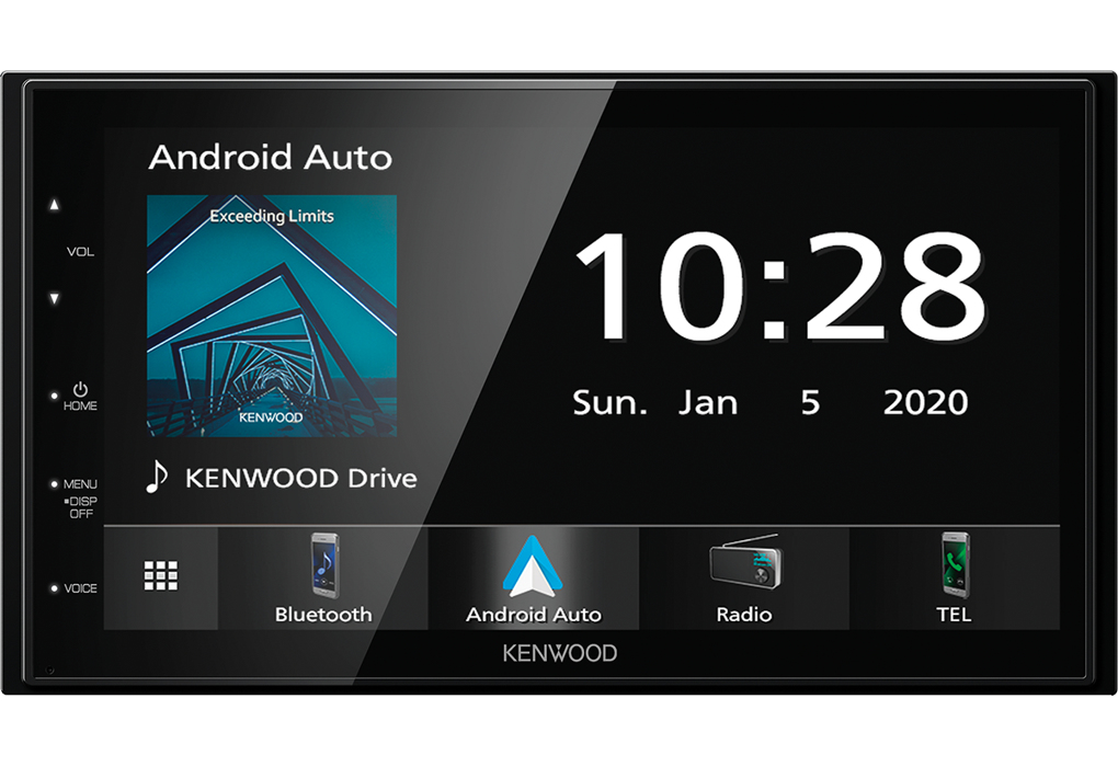 Kenwood-Autoradio-Touchscreen mit Uhrzeit 10:28, Musikplayer, Android Auto, Radio und Telefonsymbolen.