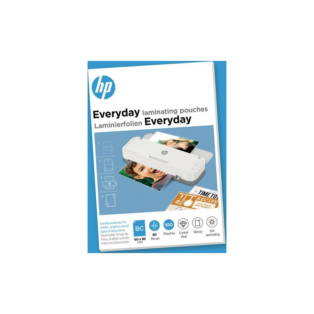 Verpackung von HP Laminierfolien mit weißem und blauem Design sowie Produktbildern.